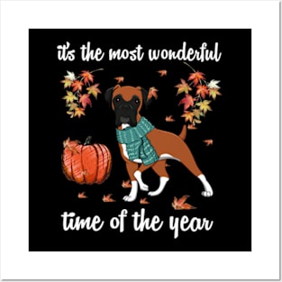 Boxer Dog Autumn Fall Most Wonderful Time Maple Gift Posters and Art